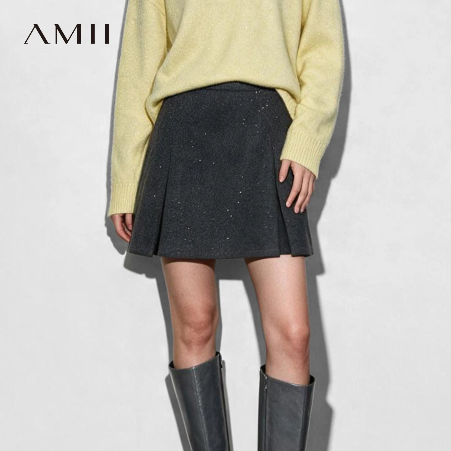 Amii Mini Skirt 2026 Winter New Modern Versatile A-Line Short Skirt Women's Built-in Shorts Loose Knitted Woman Clothes 12624104