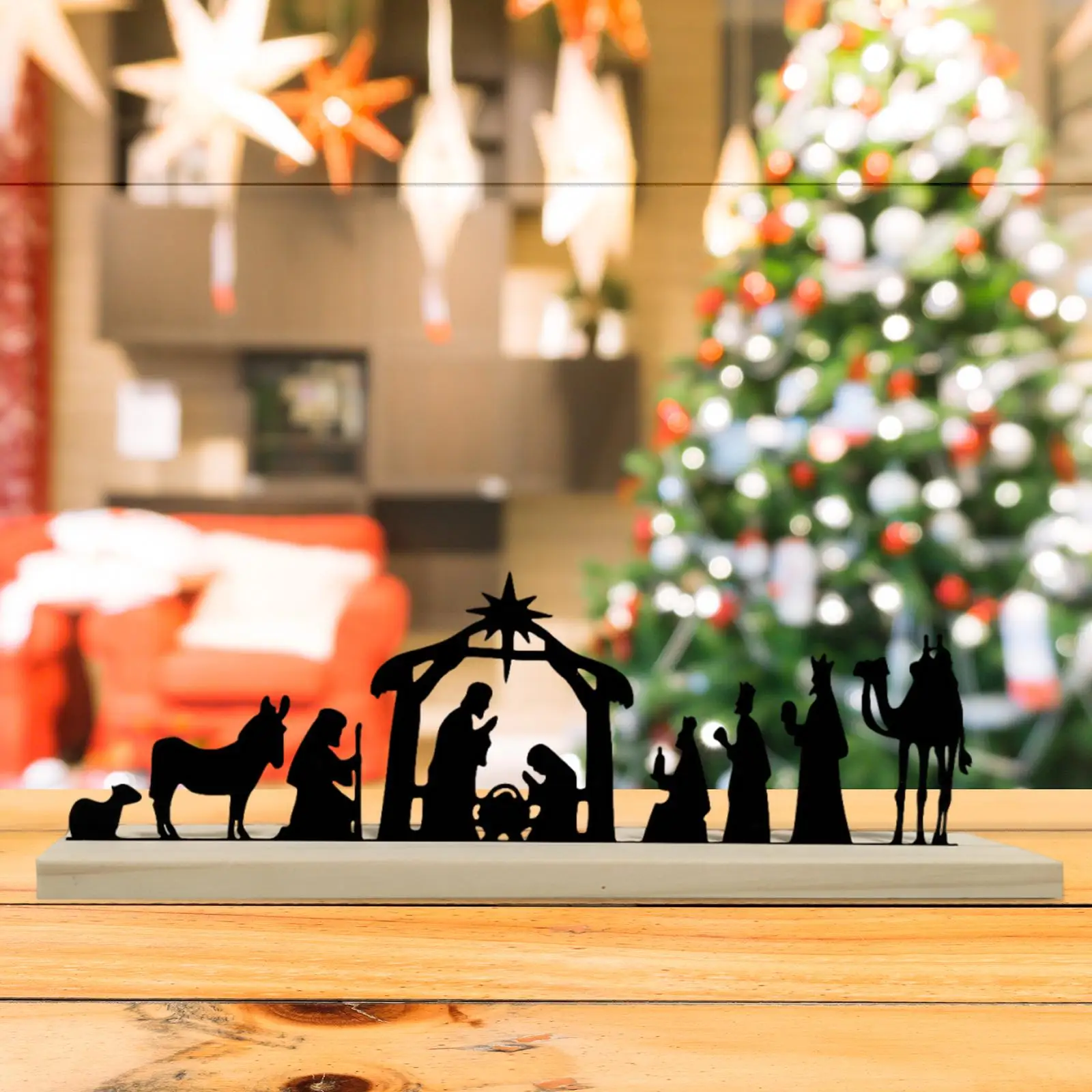 Metal Nativity Set Ornament with Wooden Base Christmas Nativity Scene Silhouette for Home Living Room Mantel Christmas Decor