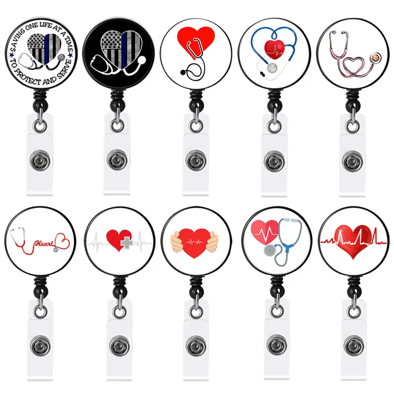 Doctor Nurse Stethoscope Pattern Name Retractable Badge Reel Pass Staff Work Card Clip Lanyard Medical Workers ID Badge Reel