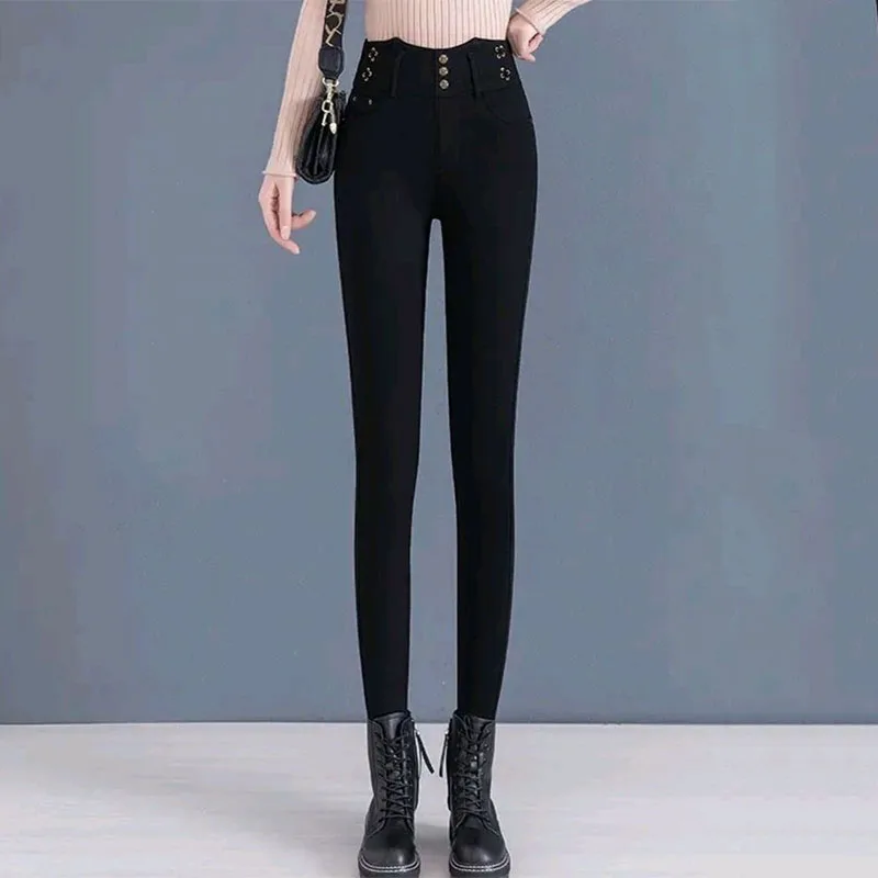 Korean Elastic High Waist Jeans with Arctic Plush Autumn Winter New Solid Button Zipper Fashion Slim Black Straight Pencil Pants