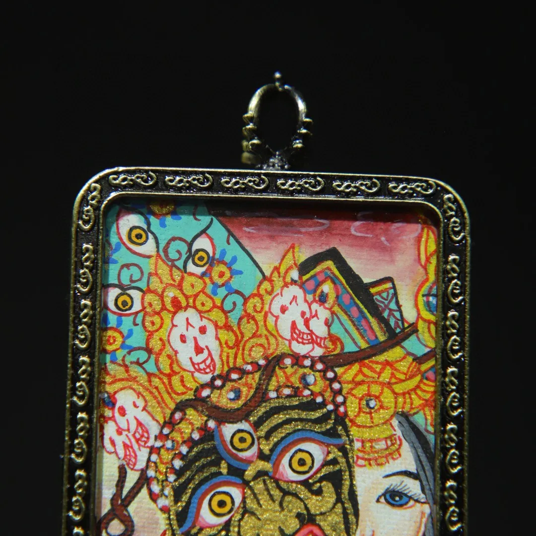 Tibetan Buddha copper frame painted Zakiram Tara Buddha thangka pendant square necklace pendant jewelry 6.3 cm