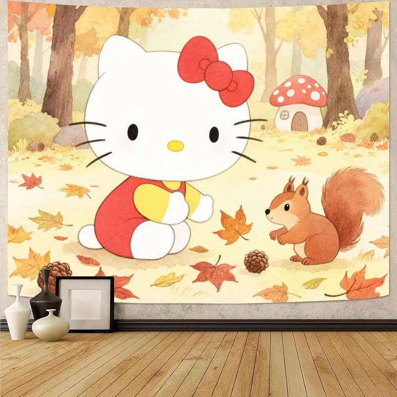 

1 шт., милый гобелен «Hello Kitty», осенние листья, настенное искусство для спальни, гостиной, декор, подарок для фанатов Kawaii