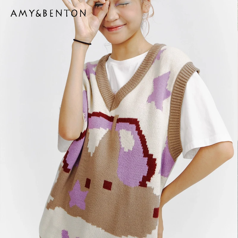 

Vintage Design Colorfull Cute Knitted Women's Waistcoat 2025 Autumn New Casual Slimming Sleeveless V-neck Sleeveless Vest Ladies