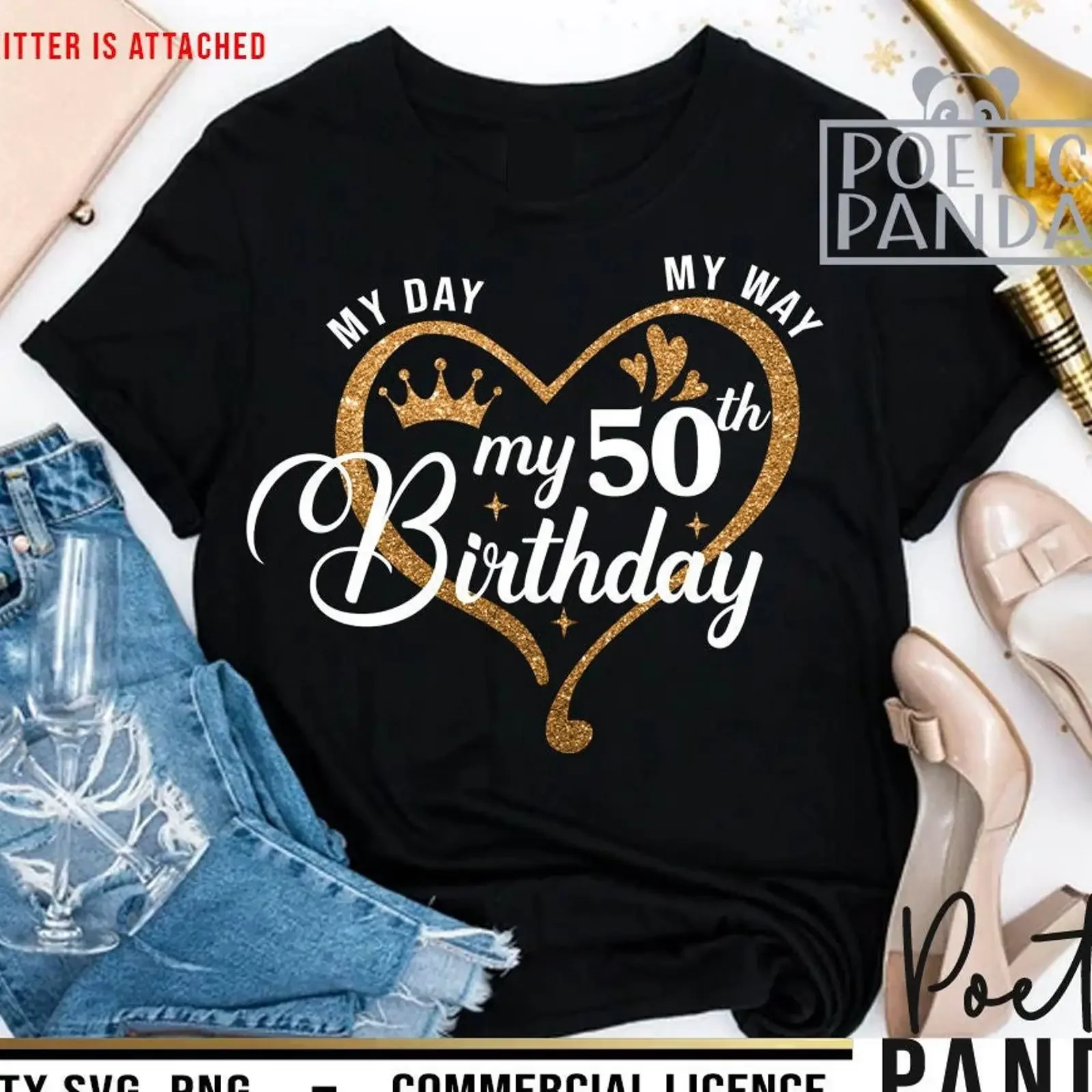 My Day Way 50th Birthday T Shirt Gold Glitter Heart Crown for Women Party vintage Washed Stylish Casual Versatile