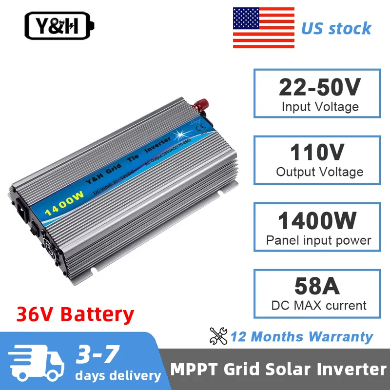 Y&H 1400W MPPT Grid Tie Solar Inverter 24V/36V Battery Discharge Mode AC110V Output Pure Sine Wave Converter for Solar Panels