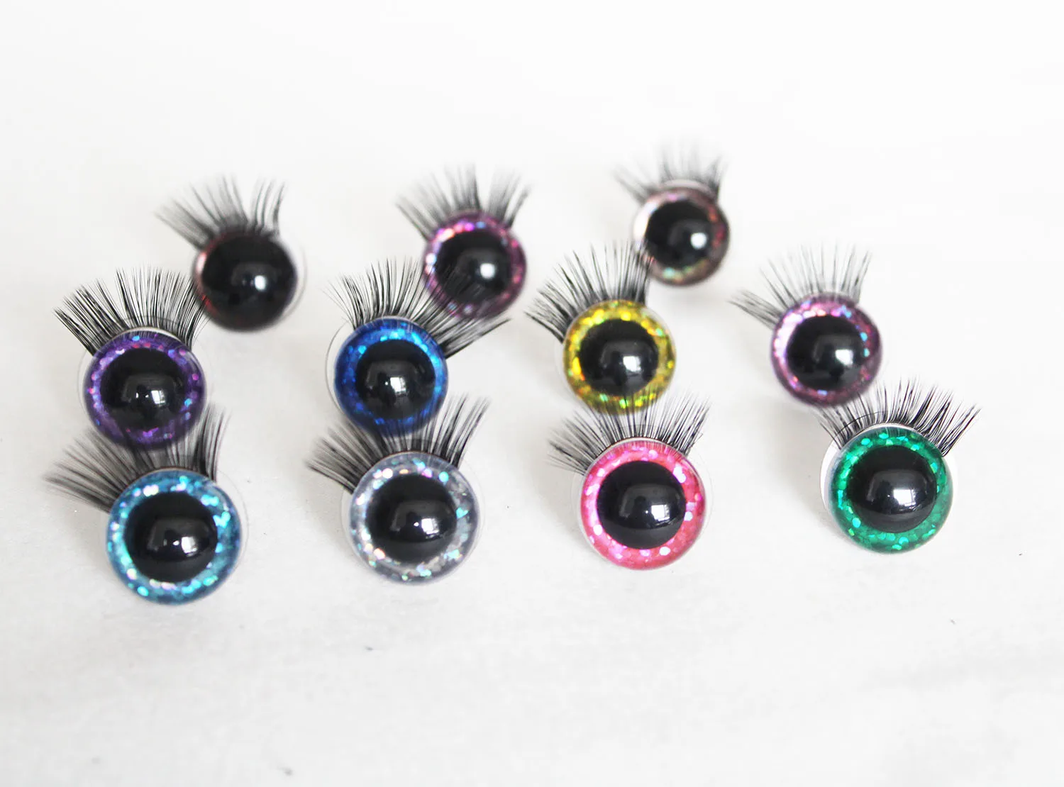 10pairs  new  doll  eyes 9mm to 22mm round clear toy safety glitter eyes with black eyelash tray with handpress washer B11