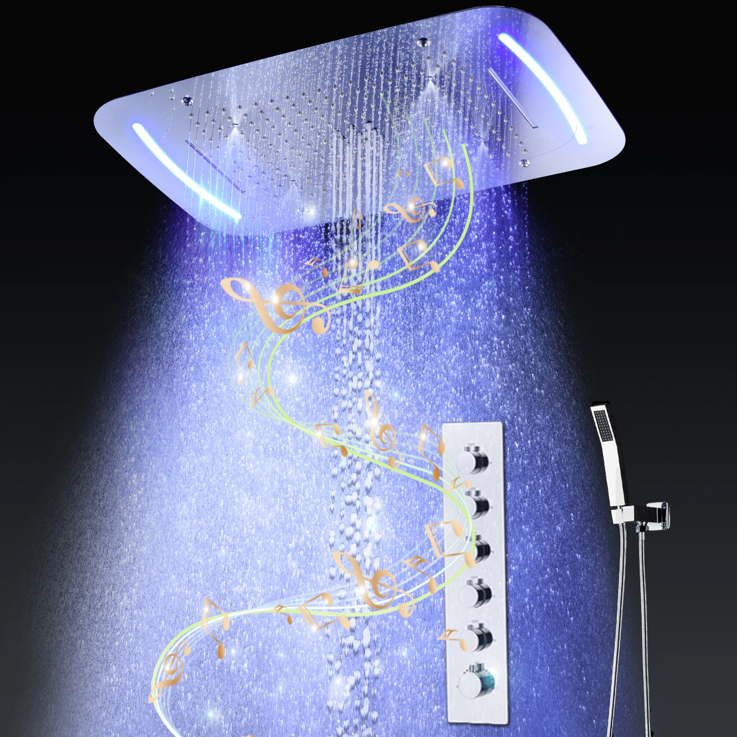 Music Shower Faucets Set 5 Functions Thermostatic Shower System LED Rain Mist Waterfall Bubble Showerhead