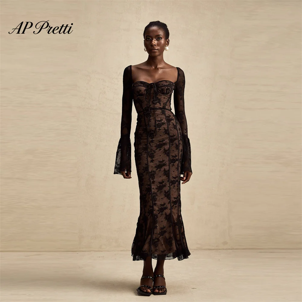 AP Pretti Luxury Black Mermaid Pleat Lace Formal Evening Dresses For Women Square Collar Long Sleeves Prom Dresses Customized
