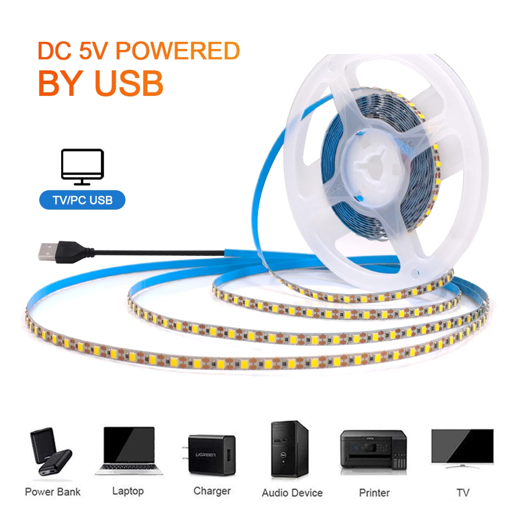 3MM 5MM 8MM USB LED Strip Lights DC 5V 2835 120LEDs/m Flexible LED String Light Diode Tape White Warm White LED Lights For Room