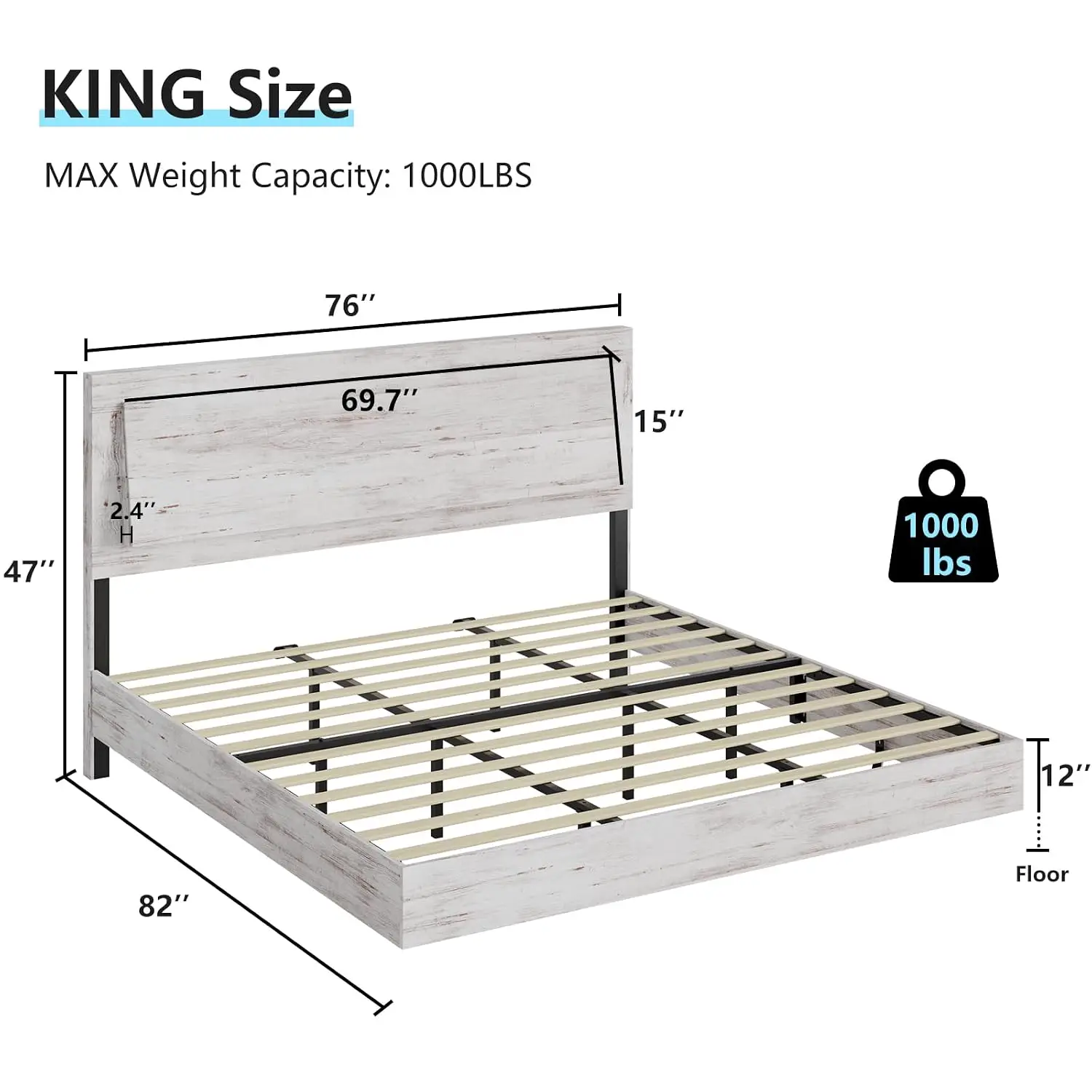 Floating Platform Bed Frame with Headboard & LED Light No Box Spring Noise Free Easy Assembly Distressed White, Customized