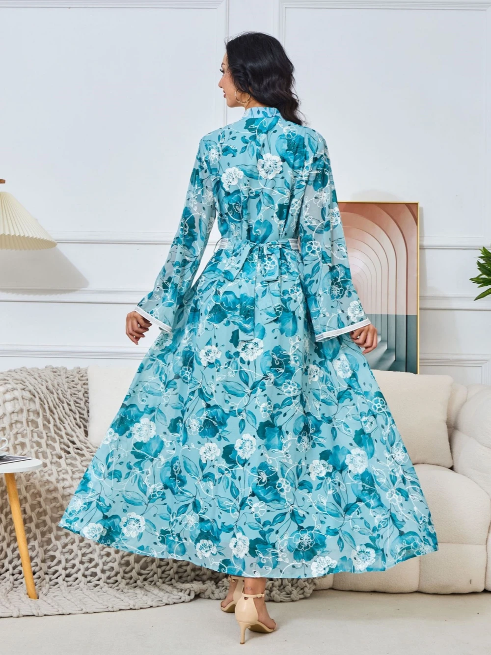 2025 Kaftan Flower Printing Evening Dress Muslim Appliques Dubai Elegant High Neck Prom Gown Customized Women Caftan A Line Robe