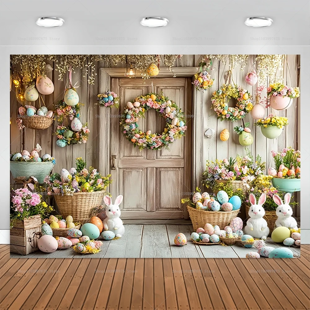 Spring Easter Photography Backdrops Floral Grass Rabbit Eggs Rustic Wood Background Baby Shower Decor Photo Banner Booth Props