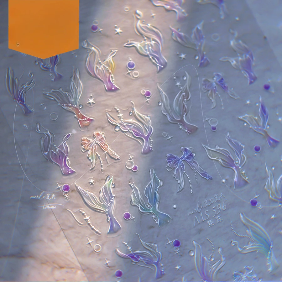 ملصقات أظافر ذيل حورية البحر اللامعة ، غلاف مجسم ، شارات نجمة 5D ، منزلقات تزيين أظافر قنديل البحر للحيوانات البحرية ، فرك ، تصميم صيفي