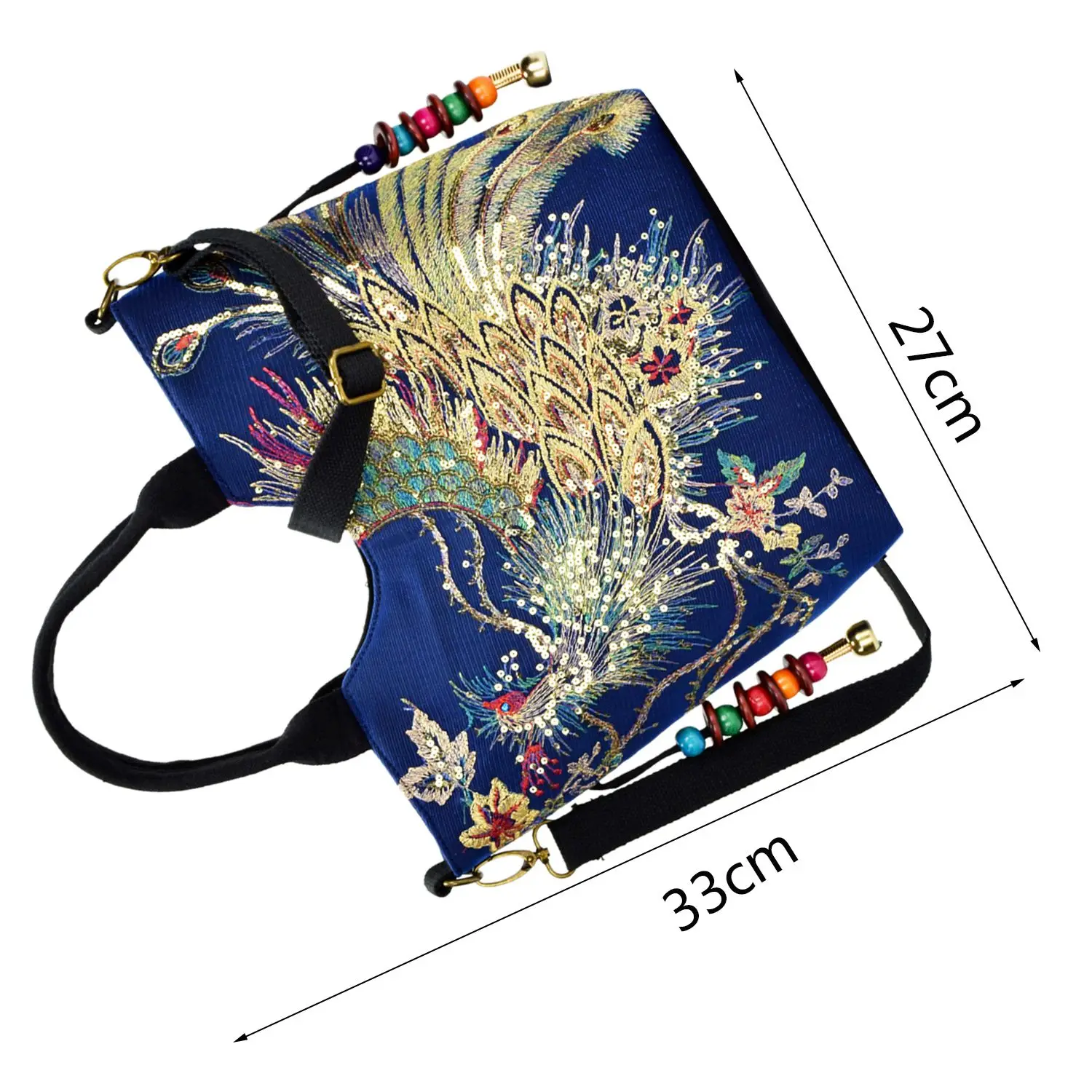 Shiny Sequins Peacock Embroidered Ladies Canvas Tote Bag Shopping Shoulder Bag Retro Beaded String Tote Bag Blue