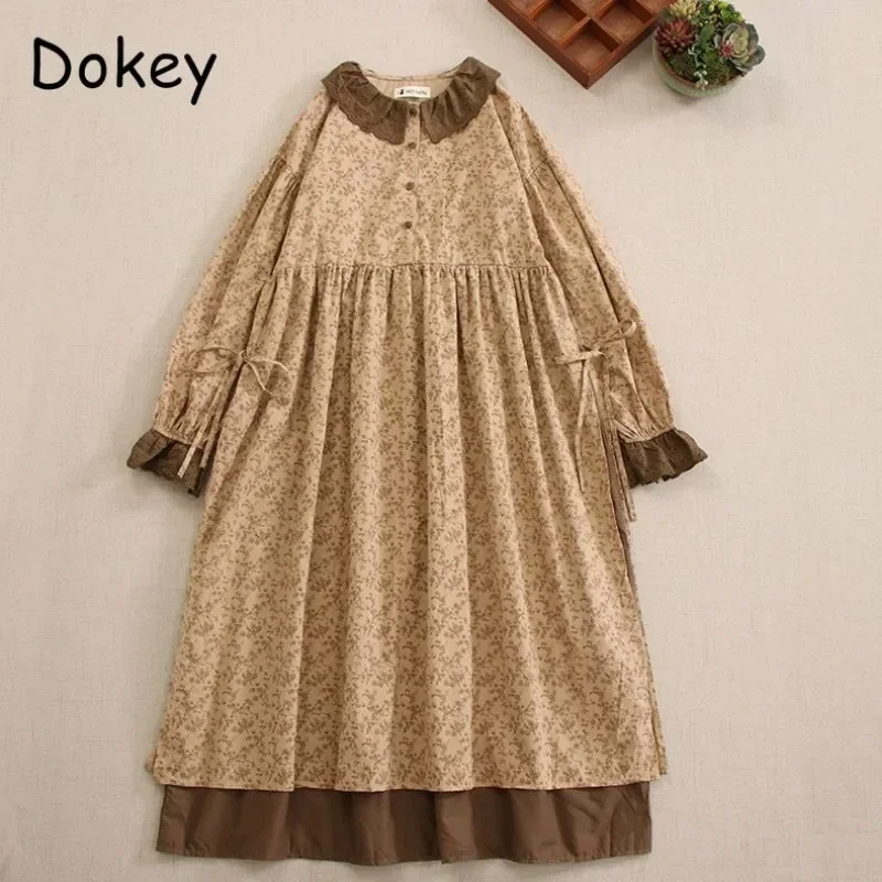 Women's Vintage Flower Long Sleeve Dress Japanese Mori Girl Peter Pan Collar Patchwork Cotton Dress Autumn Casual Loose Vestidos