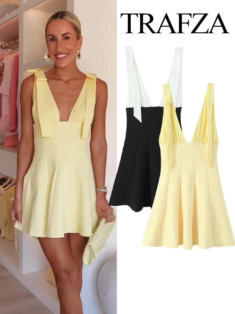 TRAFZA nueva moda Mini vestido blanco negro con cuello en V espalda descubierta cremallera decorar mujer verano Sexy Chic vestidos sin mangas