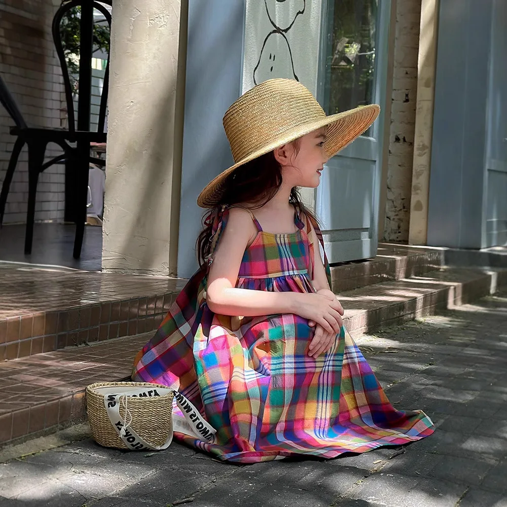 2026 Summer Girls Korean Style Plaid Princess Dress, Colorful Spaghetti Strap Cute Dress for Toddler & Little Girls
