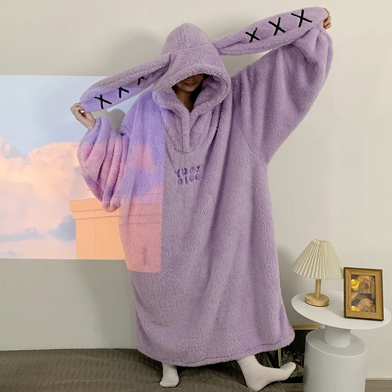 Women\'s Velvet Nightgown Pajamas Winter Hoodie Dress Up Party Funny Robe Sleeping Homewear Cartoon Long Eared Rabbit Loose