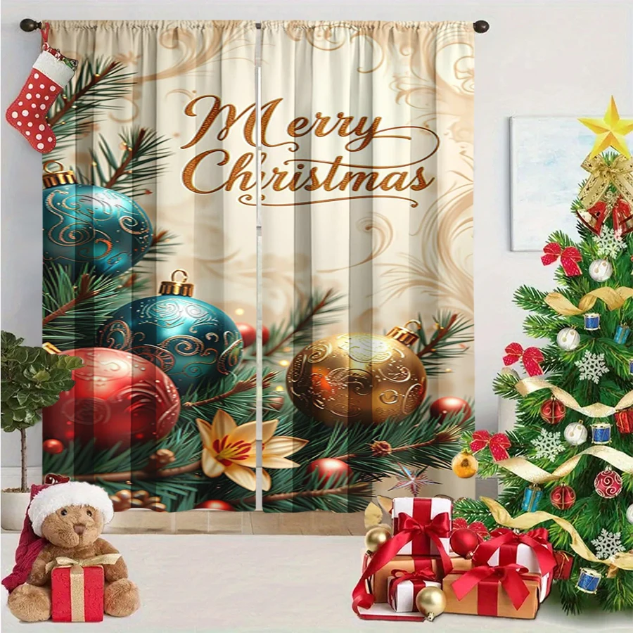 2PCS Christmas Winter Curtains, Merry Christmas Pine Branch Ball Gold Floral, Digital Print, Bedroom Living Room, Home Decor