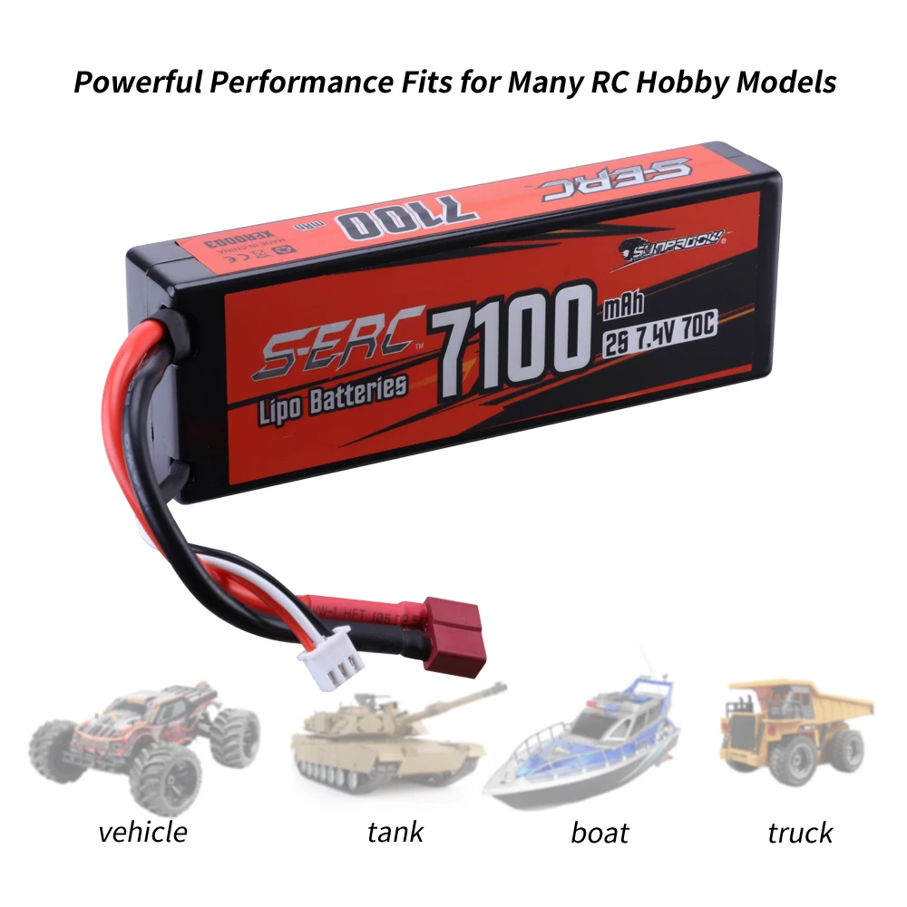 Sunpadow 2S 7.4V Lipo Battery for 7100mAh 70C Hard Case with T Plug Deans 4mm Bullet For RC Car Truck Tank Racing Hobby