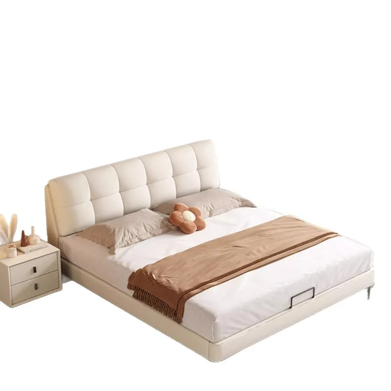 French cloud puff bed, cream wind modern simple leather master bedroom double bed, master bedroom high-end atmospheric