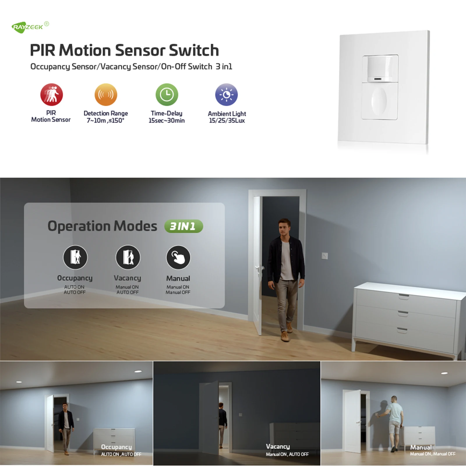 PIR Motion Sensor Light Switch With Manual Override,100~265VAC Wall mounted Occupancy Sensor, Infrared Motion Sensor Switch