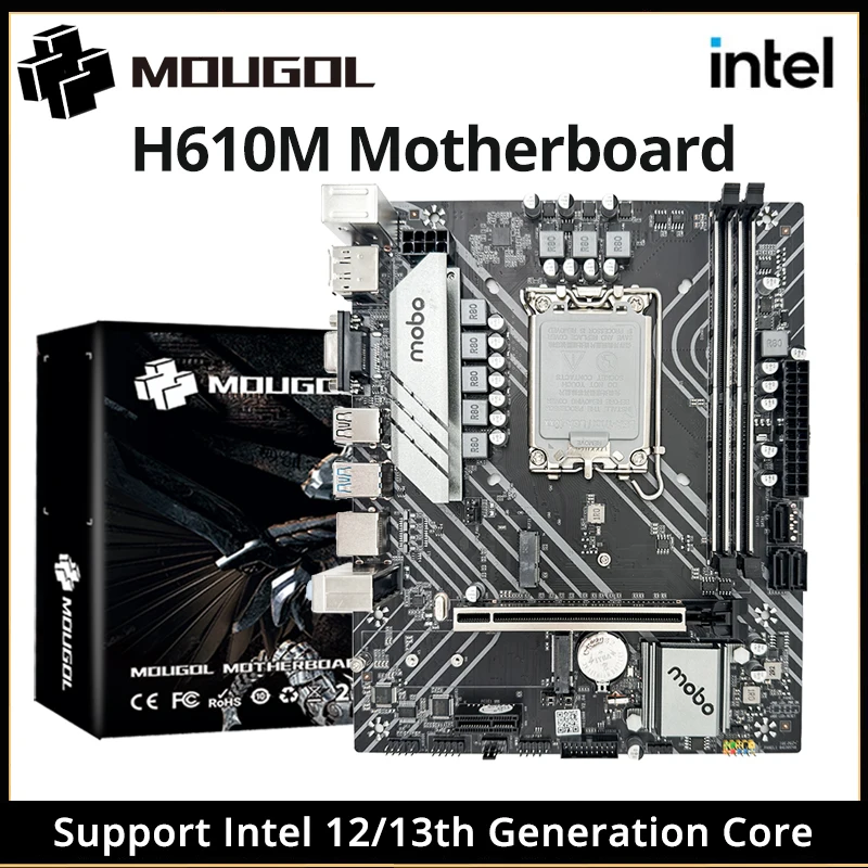 MOUGOL H610M Gaming Motherboard USB3.2 M.2 PCIE4.0x16 LGA1700 Supports Inter 12 13th Gen Core CPU(12400F/13400F/13600K)