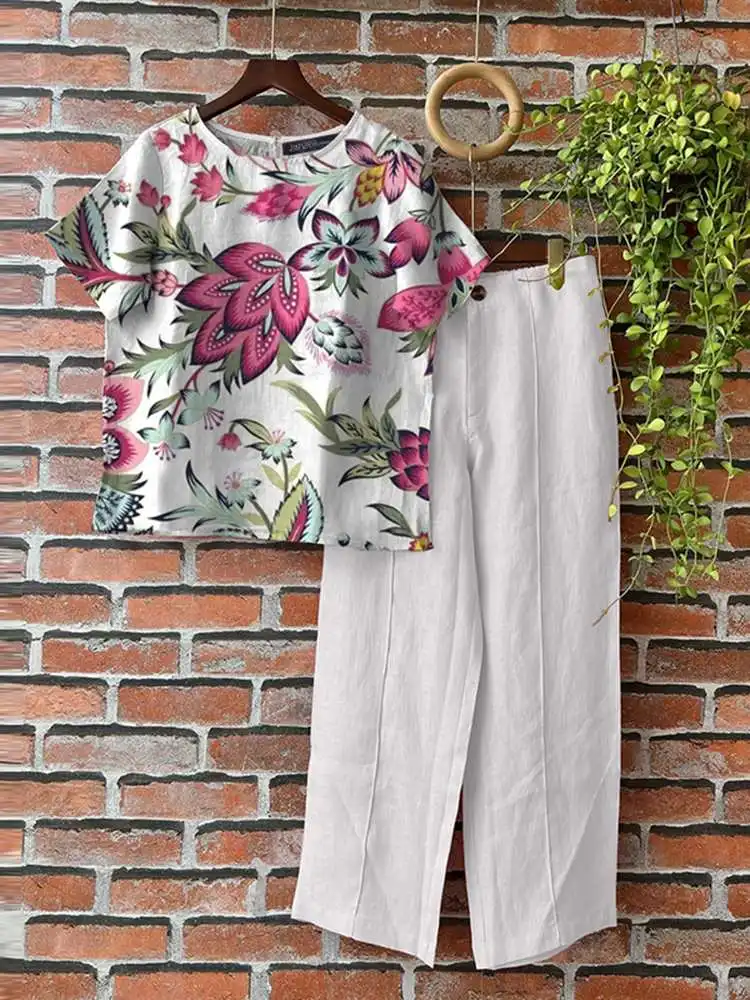 Bohemian Floral Print Short Sleeve Blouse Pant Sets 2024 ZANZEA Summer Fashiom Trousers Suits 2pcs Casual Holiday Matching Sets