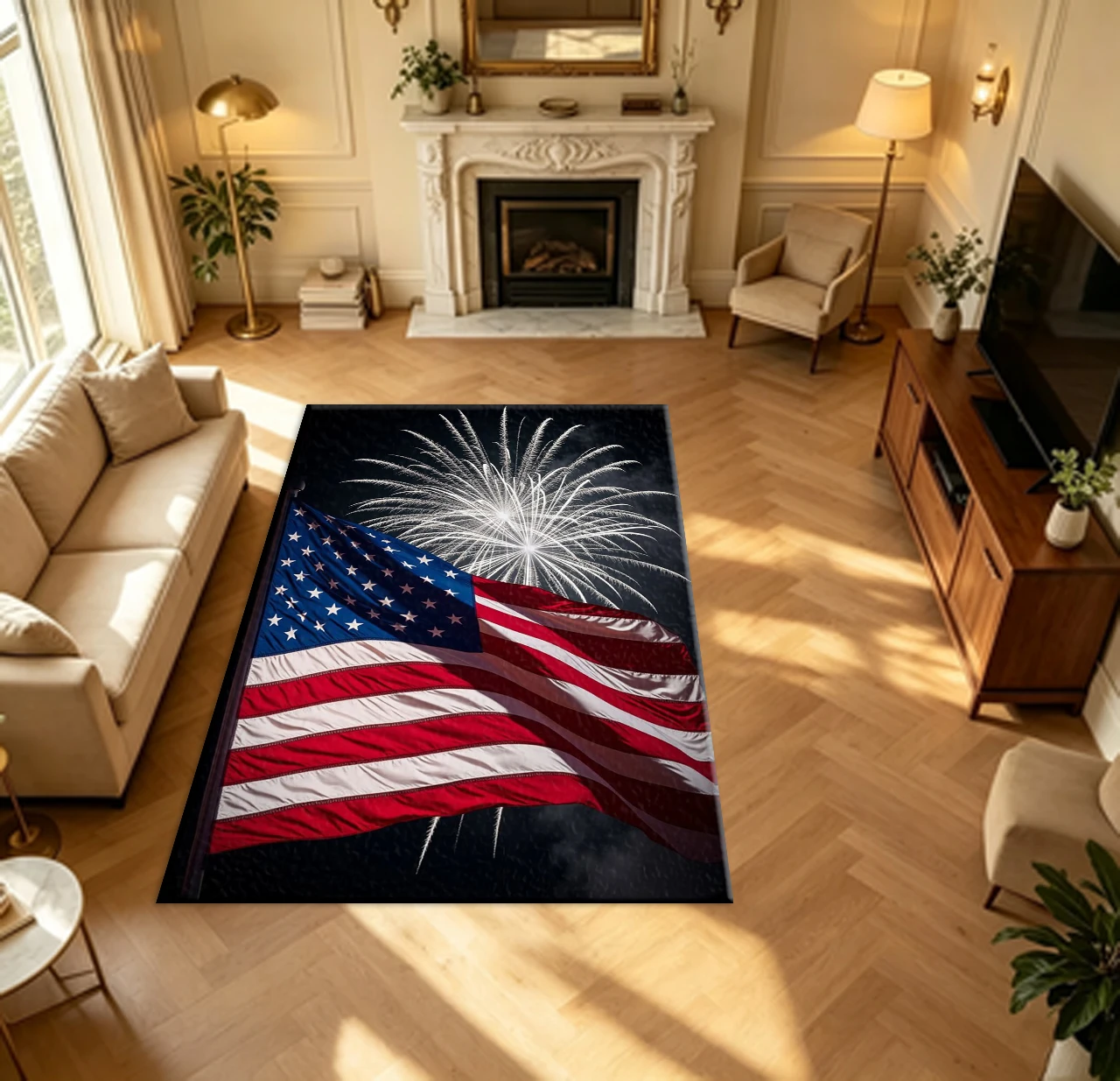 American Flag With Fireworks Night Scene carpet flooring Patriotic Home Area Rug