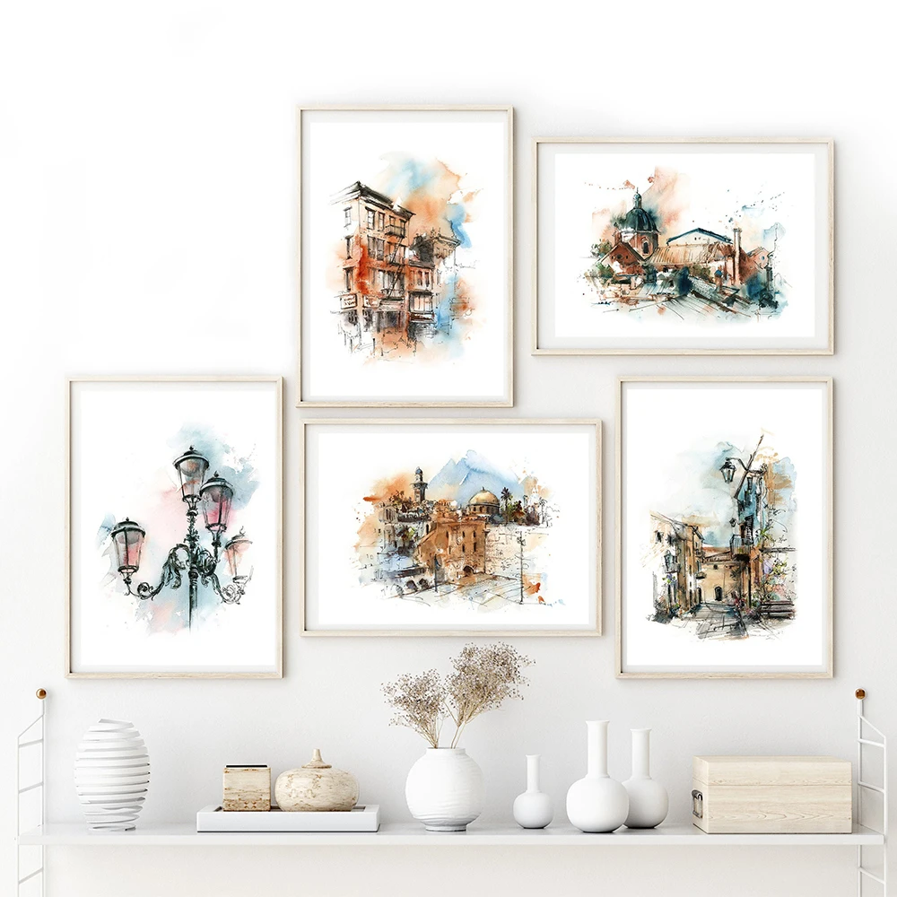 

Travel Prints,City Scene Prints Set of 5,Gallery Wall Set,Architecture Watercolor Painting,City Wall Art Decor,Room Decoration