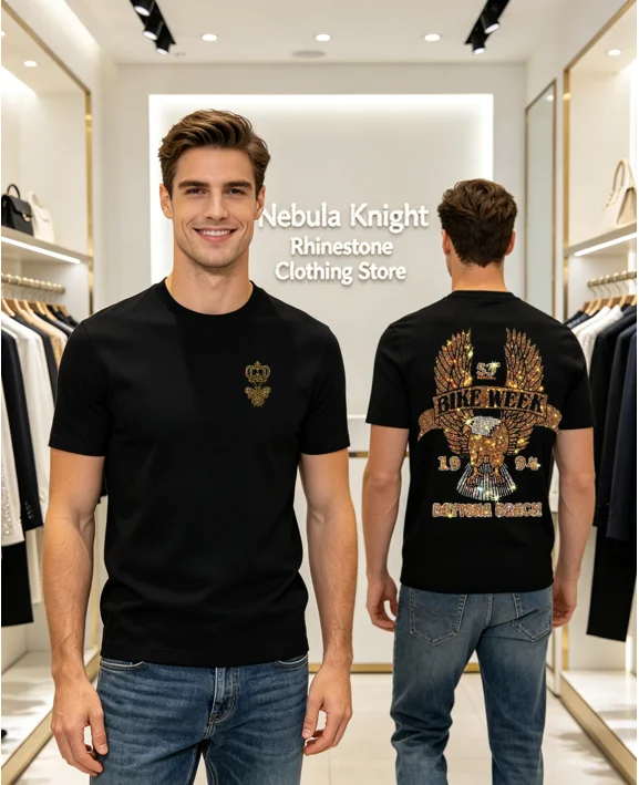 Luxury Crystal Rhinestone Mens T Shirt Pure Cotton O-Neck Short Sleeve Summer Street Style Soft Comfortable Casual Tops For Men