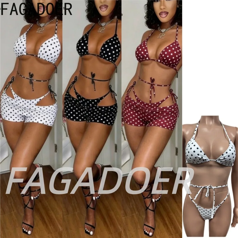 

FAGADOER Sexy Polka Dot Shorts 3 Piece Sets Women Printing Spaghetti Strap Lace-up Bikini Swim Suits Summer Beachwear Outfits
