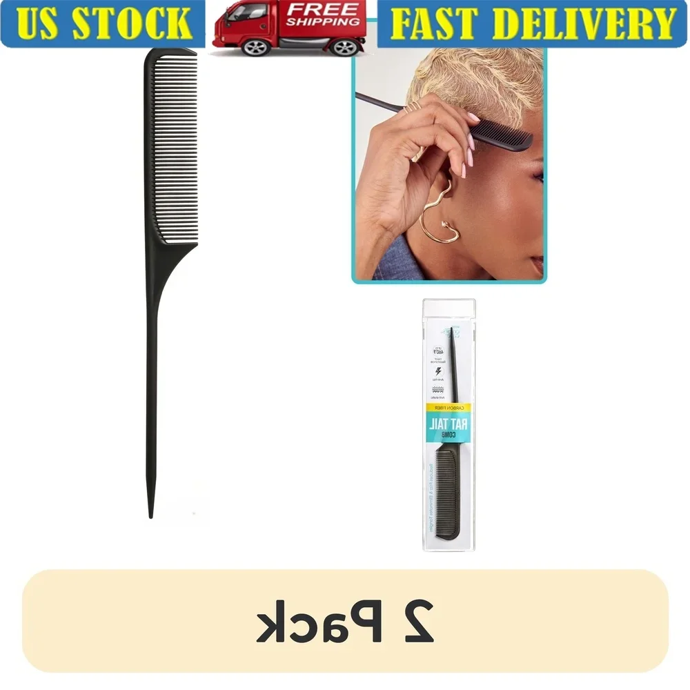 

2 Pack Heat Resistant Carbon Fiber Rat Tail Comb Detangling Comb Anti-Static Professional Hair Styling Tool All Hair Types