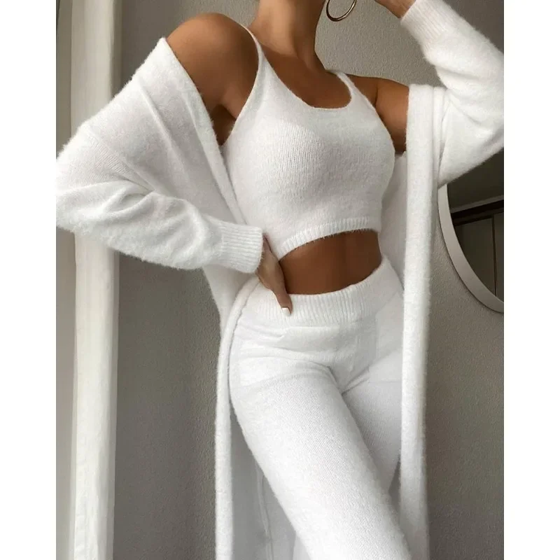 High Waist Skinny Pants Three-Piece Set Suit Long Sleeve Trend Sexy Tank Tops Women V-neck Plush Short Vest Cardigan Overcoats