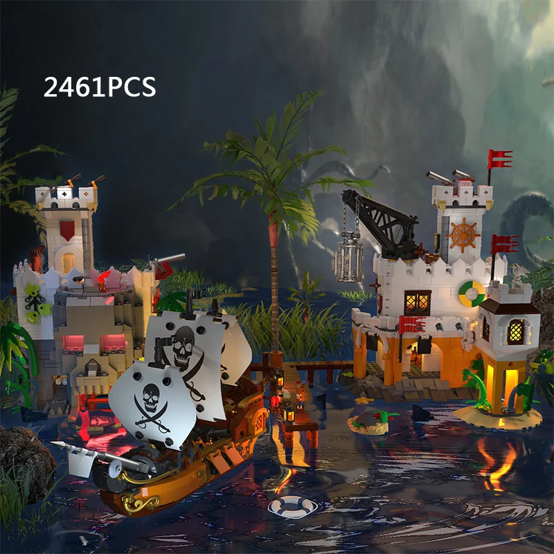 Creative Architecture Street View Mini Block Skull Island Pirate Ship Bay Port Architecture Build Brick Figures Toys Collection