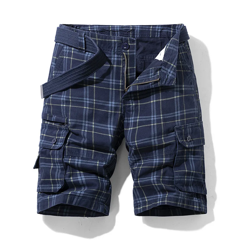 New Summer Men Cotton Plaid Casual Shorts Jogger Loose Tooling Shorts Pants High Quality Male Straight Knee Length Shorts Pants