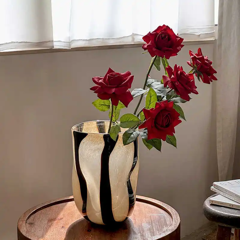

Vase of Ancient Straight Tube Milk Tea Stripe Art Hydroponics Flowers Small High-end Light Luxury Glass Vase Ornaments