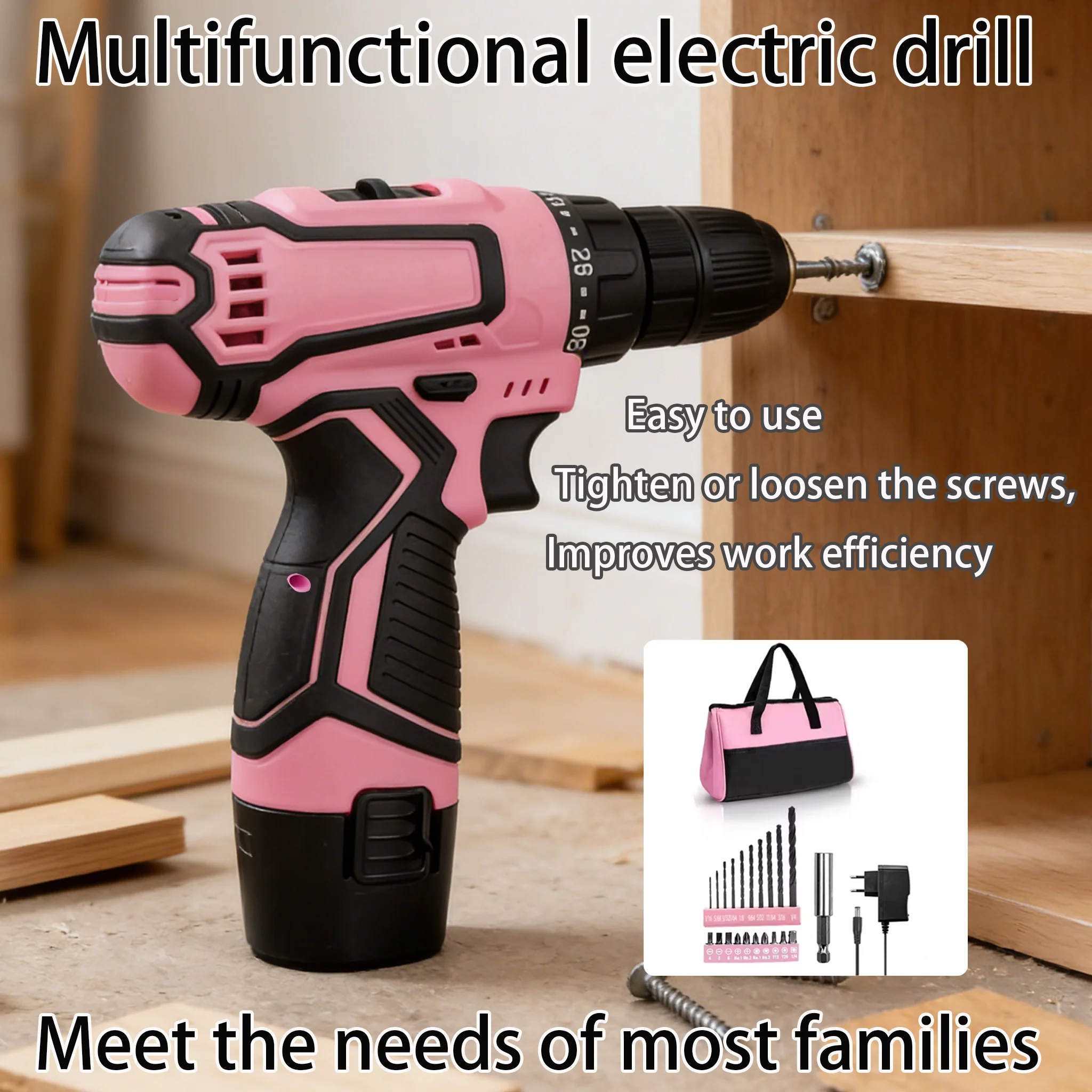 

12V Mini Electric Drill 25+1 Torque Cordless Drill Mini Wireless Power Tools Pink Drill Polishing Grinding Machine