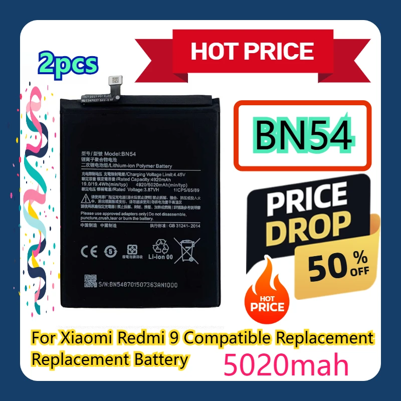

For Xiaomi Redmi 9 BN54 Compatible Replacement Replacement Battery 2pcs