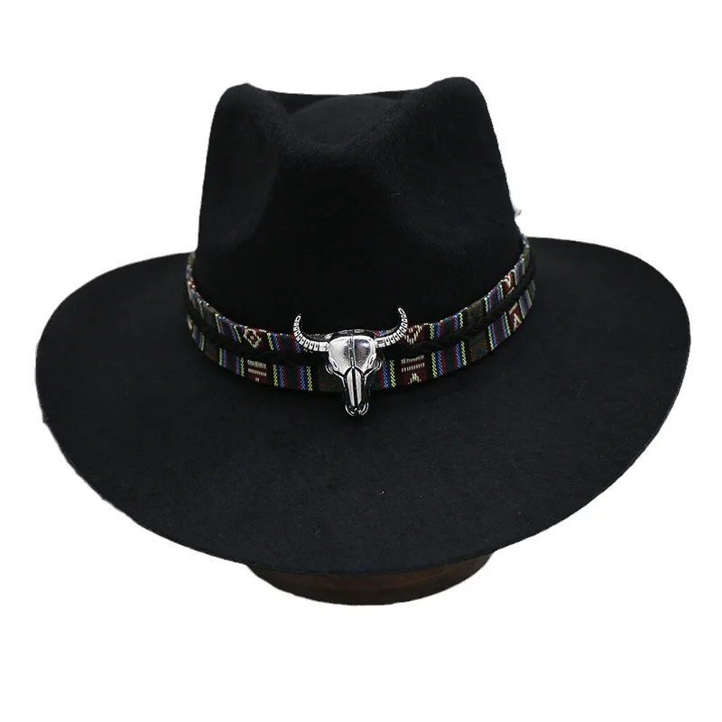 Ox Head Decorative Woolen Cowboy Hat Men's Jazz Top Hat Hot Sale In Europe And America Autumn And Winter Hat Tibetan Hat