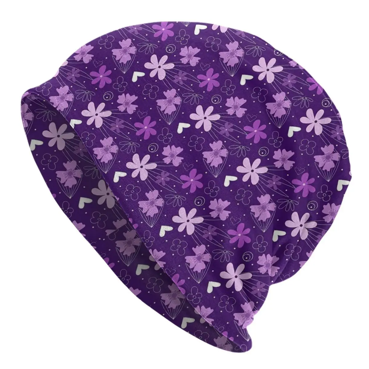 Purple Floral Print Bonnet Hats Daisy Flower Beanie Hats Pattern Knitting Hat Autumn Casual Adult Unisex Kpop Head Wrap Caps