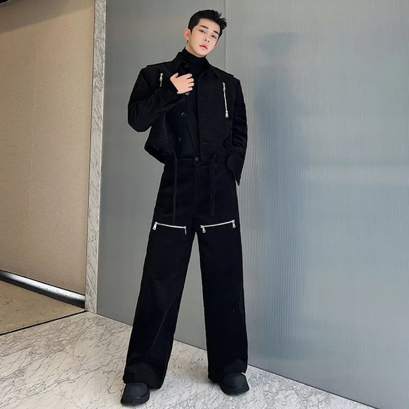 WVGA Spring Autumn New Men Tide Niche Design Multi-Zipper Trendy Jacket Chic Casual Wide-Leg Pants Two Pieces Set Ins Y2K W17002