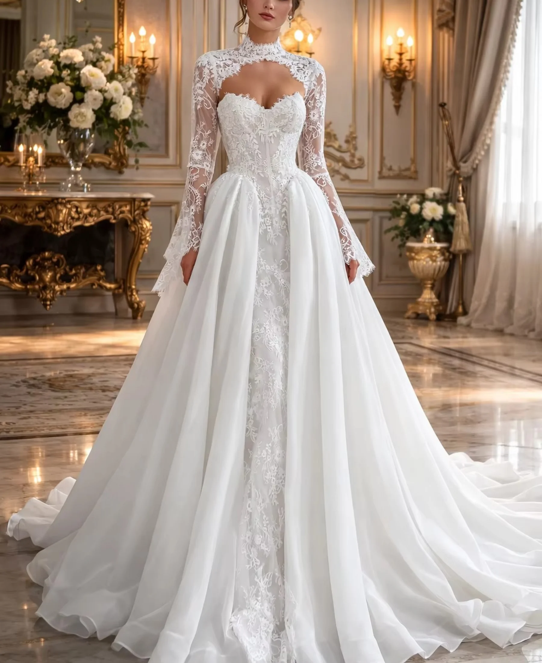 Customized Strapless Lace WeddingDresses A Line Long sleeves Bridal Gowns with Removable Lace Jacket Vestido De Novia
