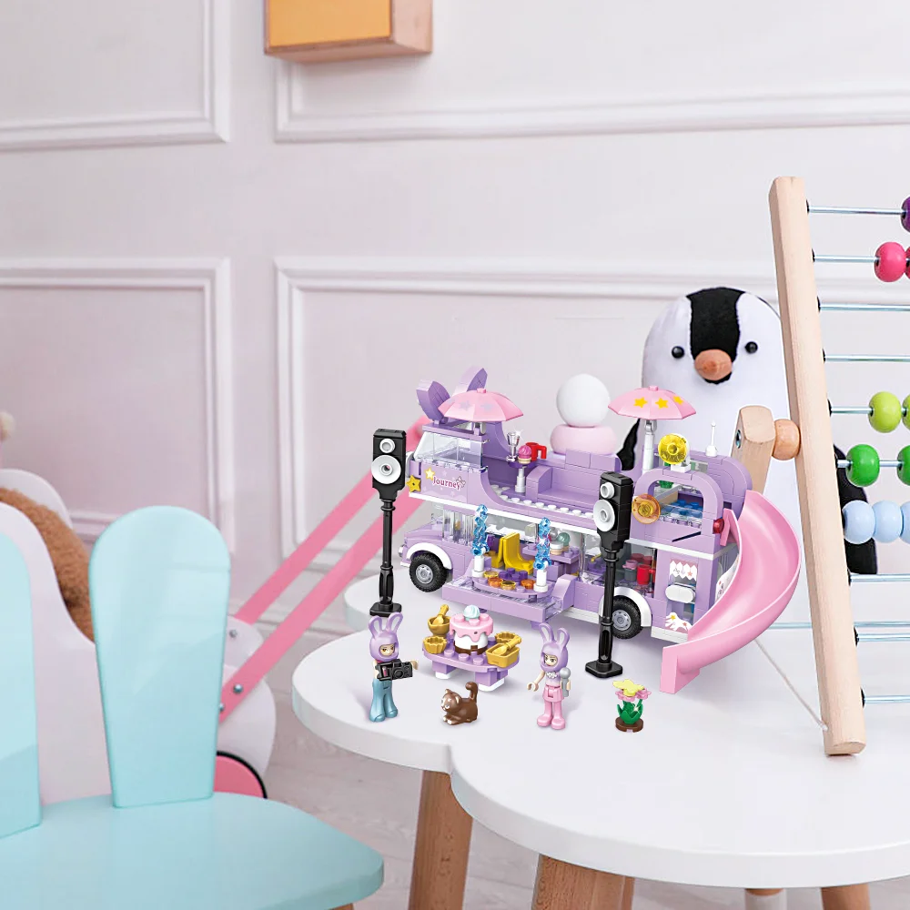 486PCS Double-Storey  Star Rabit Bus Building Blocks Toys STEM Toys Friends Figures Flower Christmas Day Purple Color Toys Girls