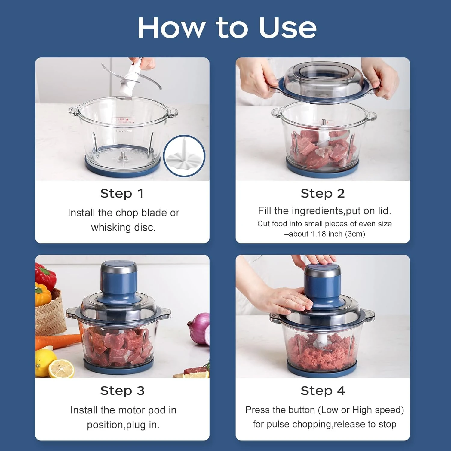 Food Processor, Food Chopper with 7-Cup (1.7L) Glass Bowl, 4 Bi-Level Blades for Chopping,Grinding,Mincing,Whisking,Meal Prep,30