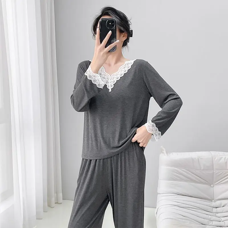 

2026 Spring Autumn Long Sleeve V-neck Modal Pajama Sets for Women Korean Cute Lace Sleepwear Homewear Pijama Mujer Home Clothes