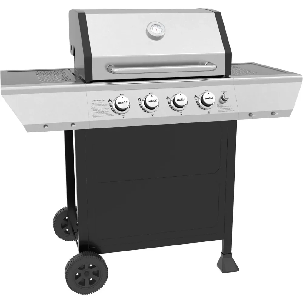 

4-Burner BBQ Propane Gas Grill - 34,000 BTU, Stainless Steel Lid, Perfect for Outdoor Patio & Garden Barbecue - Black & Silver