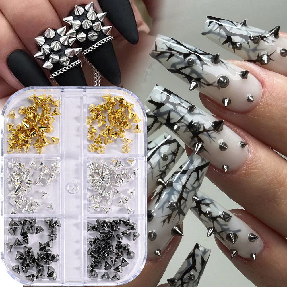 6Grids Metal Punk Cone Spike Nail Charms 3D Gun Black/Gold/Silver Tiny Cone Rivet Nail Jewelry 150pcs Mixed Aolly Studs Y2k Deco