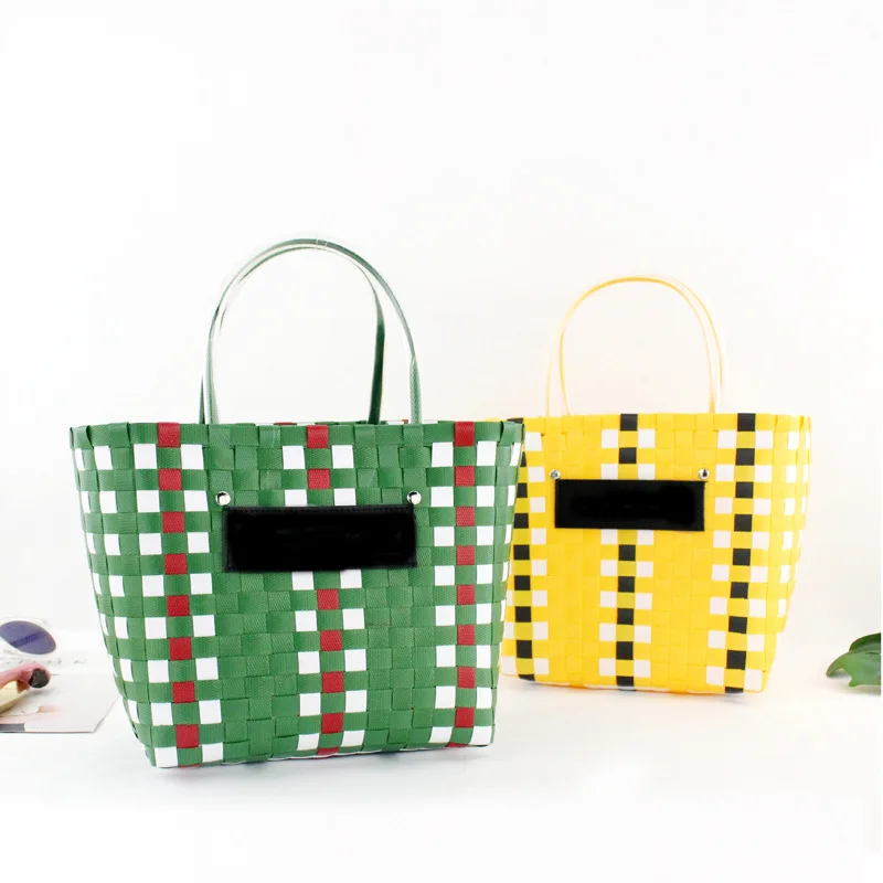 Fashion Hand-woven vegetable basket Fruit bag woven contrast color handbag Large-capacity Bump Color Woven Vegetable Basket