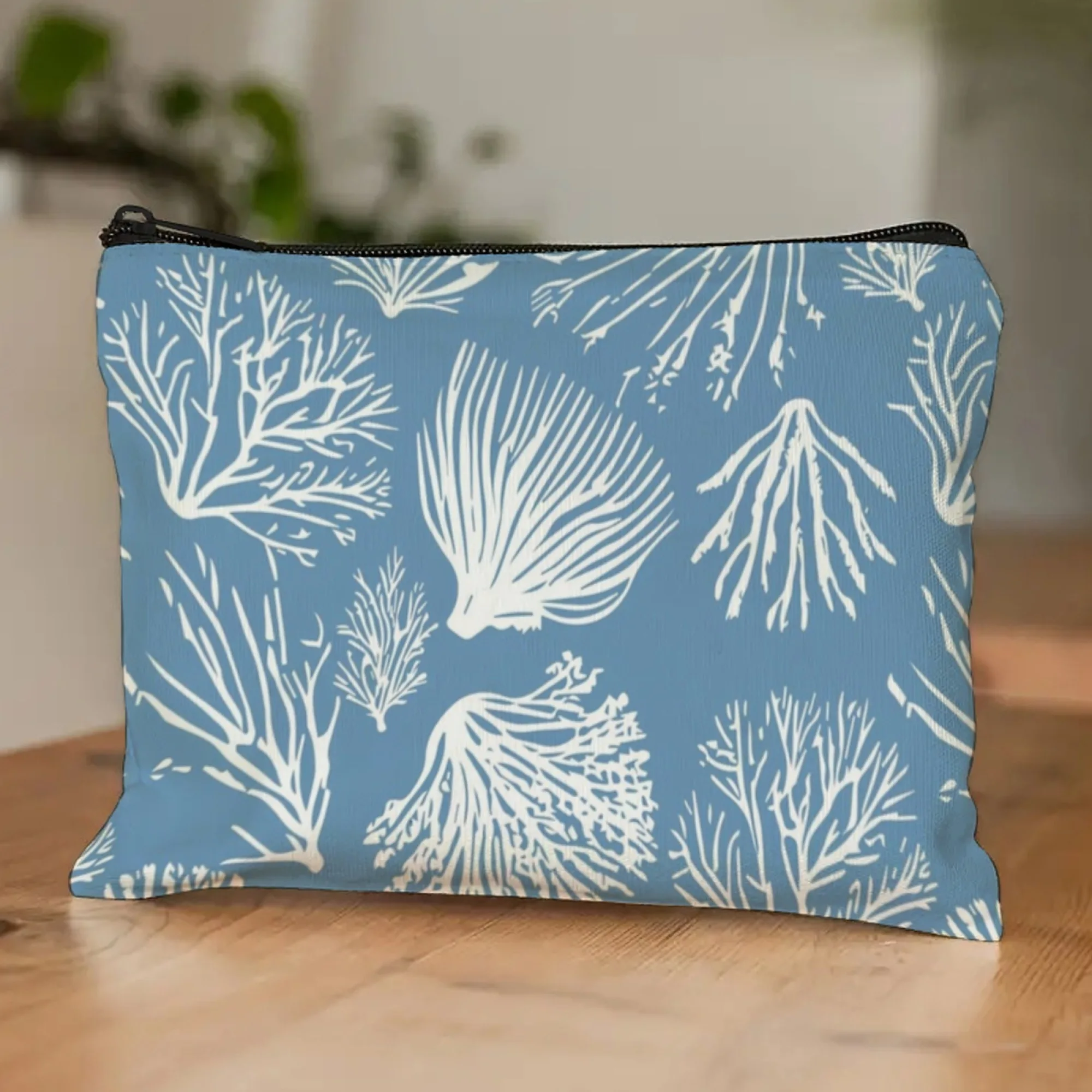 Ocean Plant-style Cosmetic Pouch Blue & White Design with Wispy Seaweed Fluffy Kelp & Wave Patterns for Fresh Coastal Trip